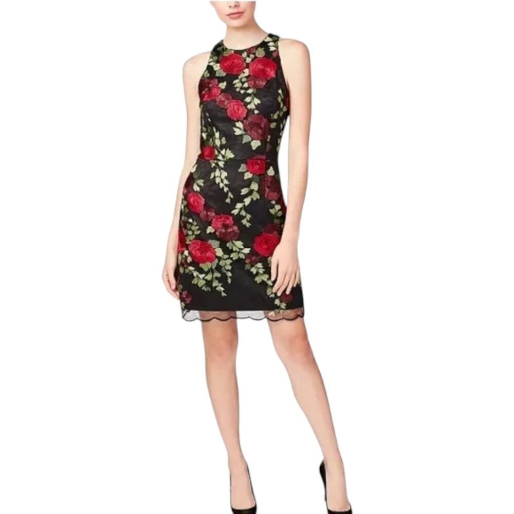 Betsey Johnson Black Mini Dress with Red Rose Embroidery